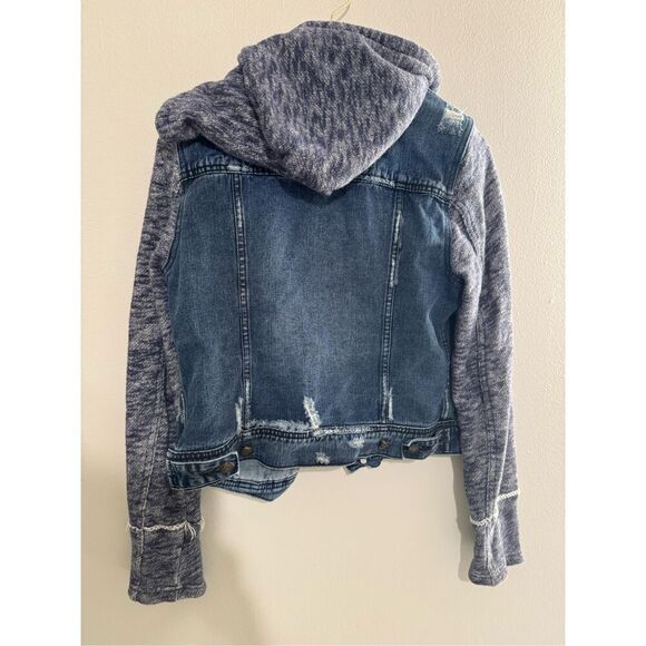 Free People Distressed Denim Jacket with Knit Sleeves & Hood Women's Size Small - Picture 7 of 11